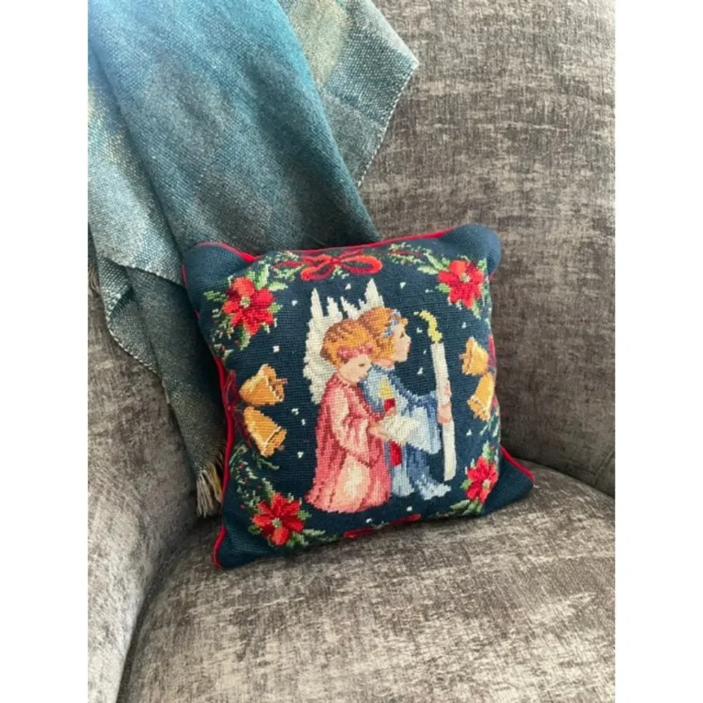 Vintage Christmas Needlepoint Pillow Angels Candle Bells Red Velvet 14
